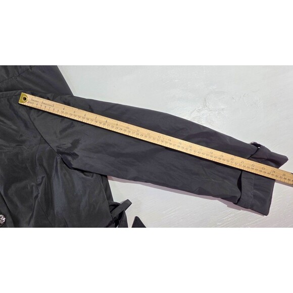 Betsey Johnson Black Hooded Rain Trenchcoat Double Breasted Lace Hem Women’s L - Picture 11 of 15